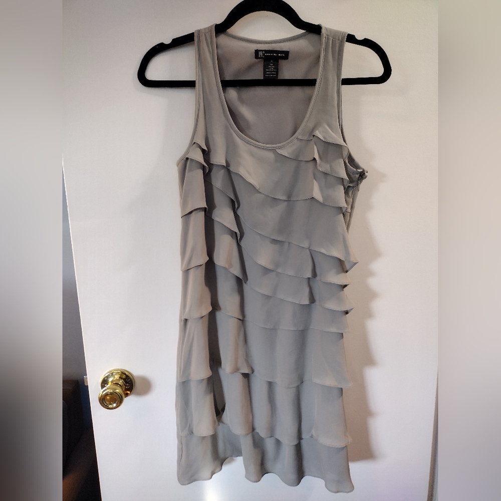 INC size 4 silk dress with front ruffle in gray. Side zipper